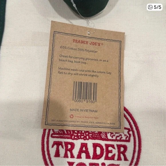 Trader Joe's Everyday Mini Canvas Tote Bag in Navy/Cream • NEW WITH TAGS - Picture 4 of 6